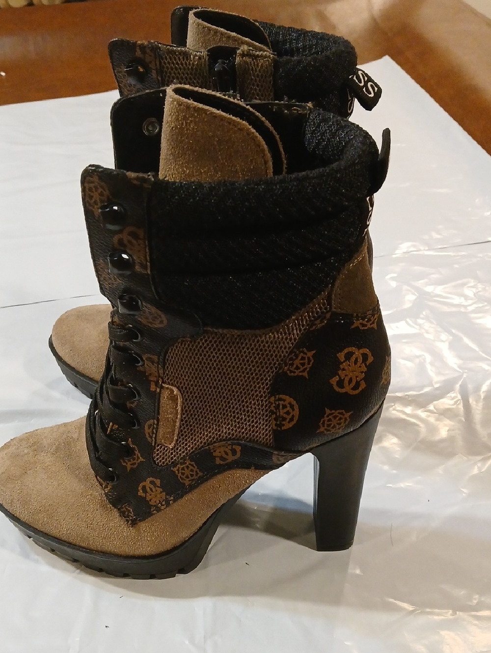 Guess Brown and Black Lace-Up High Heel Ankle Boots